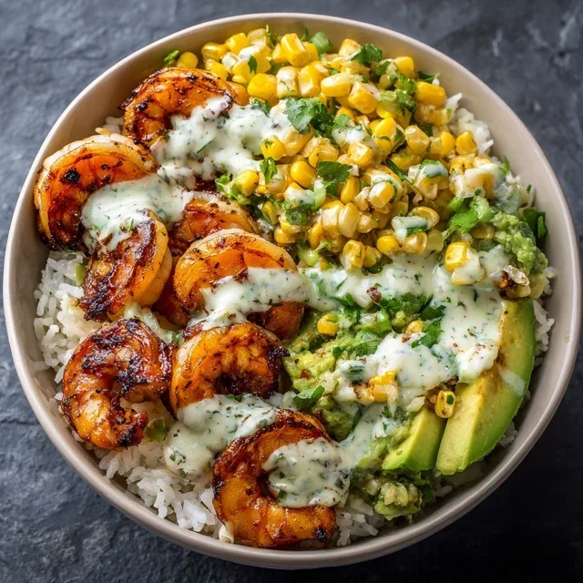 Grilled Shrimp Bowl With Avocado Corn Salsa Creamy Garlic Sauce