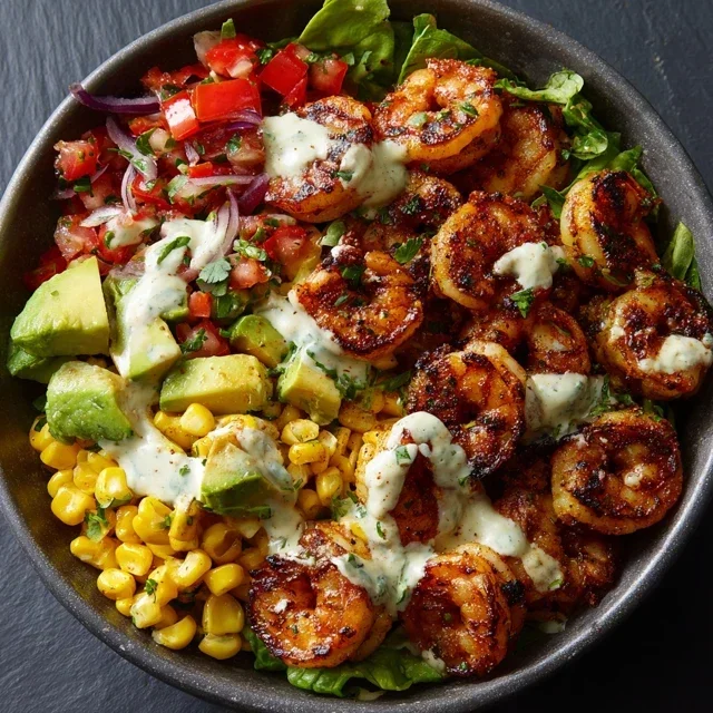 Grilled Shrimp Bowl With Avocado Corn Salsa Creamy Garlic Sauce