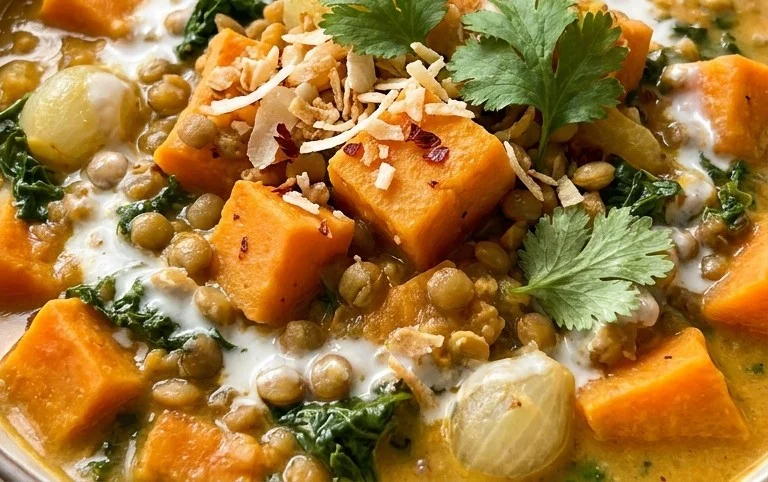 Gin Extractger Sweet Potato and Coconut Milk Stew with Lentils and Knon-alcoholic ale