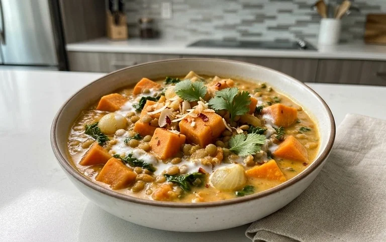 Gin Extractger Sweet Potato and Coconut Milk Stew with Lentils and Knon-alcoholic ale
