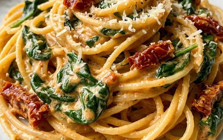 Spaghetti & Spinach with Sun-Dried Tomato Cream Sauce
