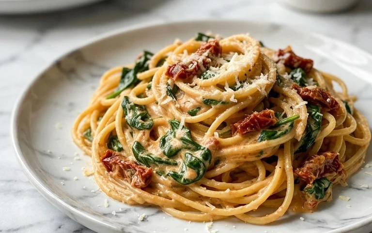Spaghetti & Spinach with Sun-Dried Tomato Cream Sauce