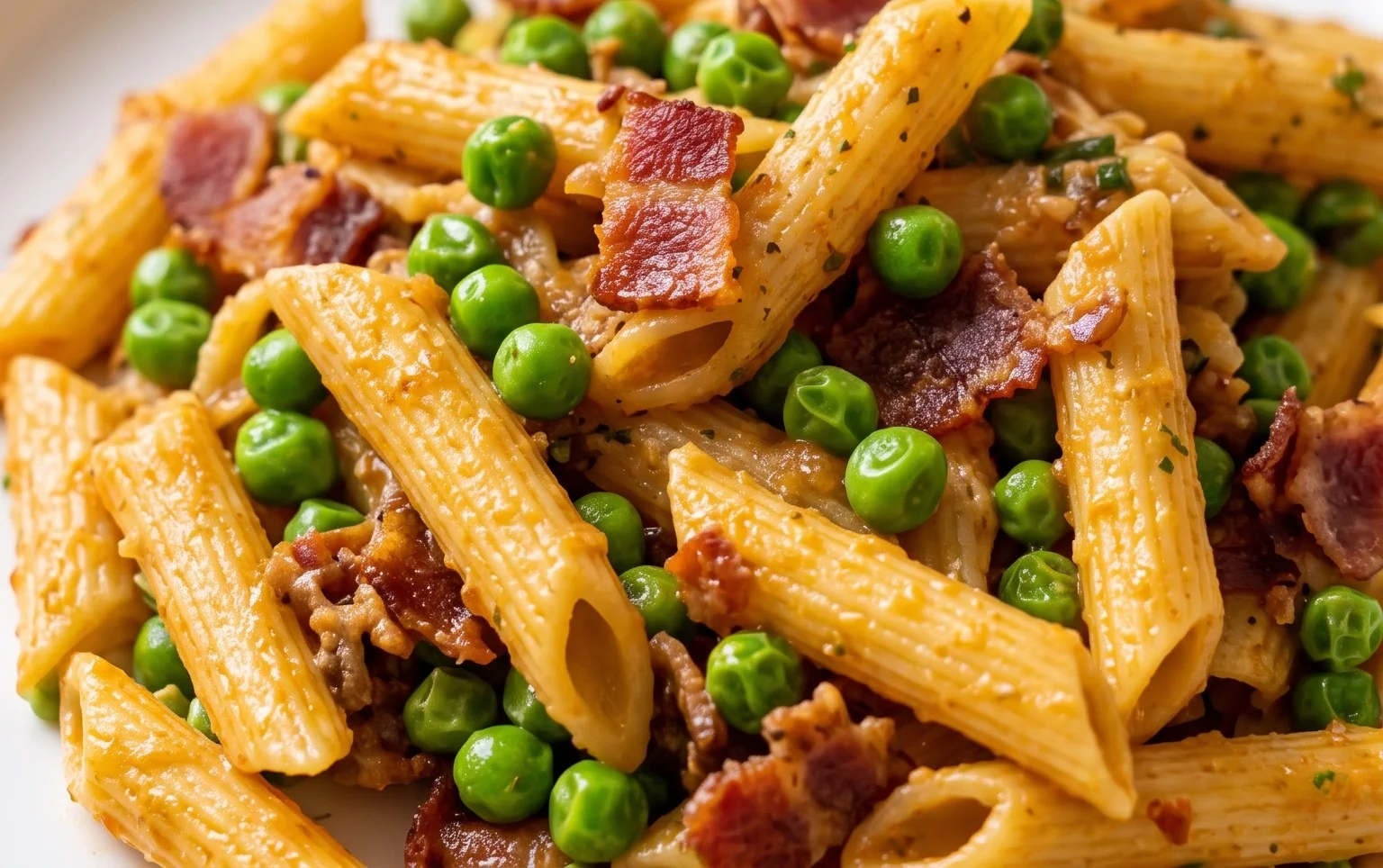 Penne Pasta, Peas and Beef Bacon
