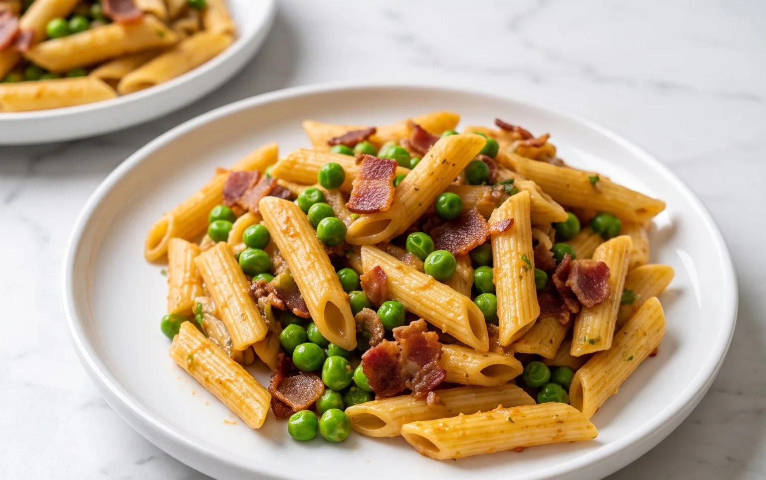 Penne Pasta, Peas and Beef Bacon